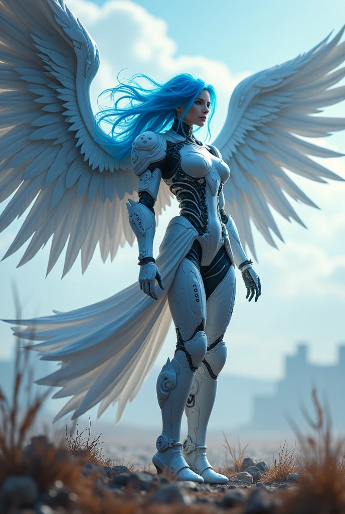blue hear,ice archangel Raphael,war effect,REAL - style image of a woman with a sword in a field, cyberpunk art inspired by Leng Mei, cgsociety contest winner, fantasy art, beautiful cyborg angel girl, angel knight girl, as a mystical valkyrie, battle angel, angel in rope armor, mechanized valkyrie girl, unreal engine 4k wallpaper, wraith from apex legends, epic angel wings