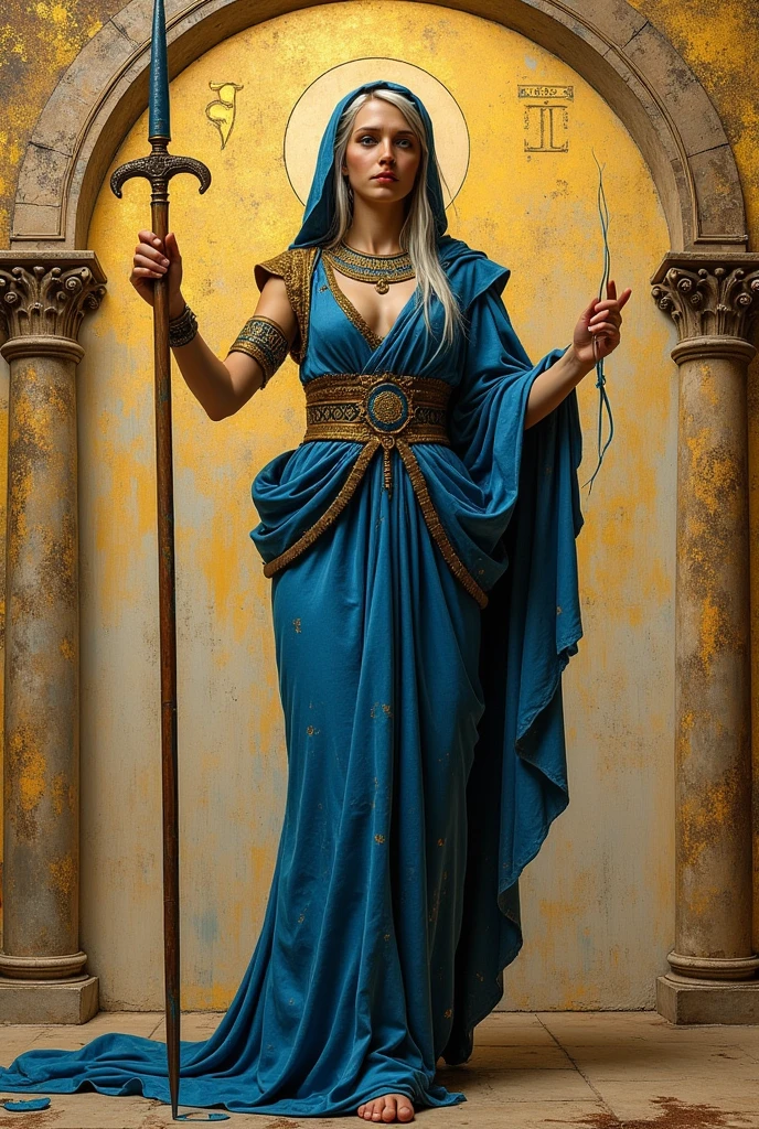 (masterpiece: 1.2, best quality), Arafed Sumerian priestess, wearing tunic with hooded lapis lazuli, holding staff and sword, surrounded by a portal of illumination with cuneiform writings and magical symbols, illumination, by Ridolfo Ghirlandaio, Raphael Sanzio, Leonardo Da Vinci, Peter Paul Rubens, Jeremy Lipking, Antonio J. Manzanedo, Alphonse Mucha, Fuller Graves, Bartolomé Esteban Murillo, J.C. Leyendecker,  Craig Mullins, Peter Paul Rubens Detailed Painting, Sandro Botticelli, Greg Rutkowski, High contrast, (better lighting, an extremely delicate and beautiful),1girl,((splashes of colored paint on transparent background, dulux,)), ((caustic)), dynamic angle, beautiful detailed brightness, full body, cowboy shot, white hair.