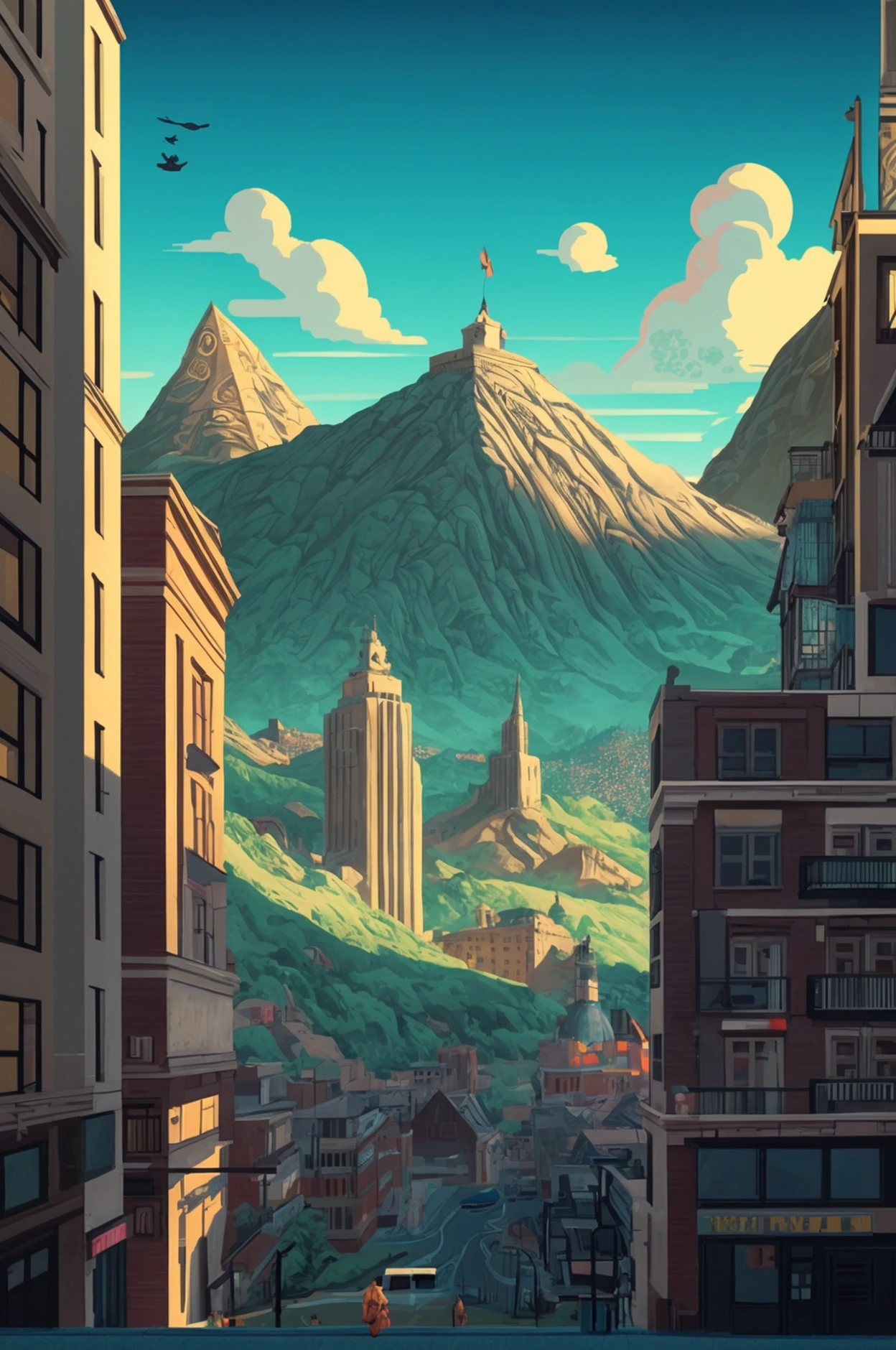 There is a digital city picture，Stylized digital illustration, city building,  Surreal cityscape background, Business Illustration, Matte digital illustration, Digital illustration style, Incorporating environmental themes，Illustrations, Digital Illustrations -, City background, A mountain and a golden sculpture of a deer，digital graffiti landscape, A beautiful artistic illustration, Detailed digital illustrations, environment design illustration （（best quality））， （（Intricate details））（8k）

