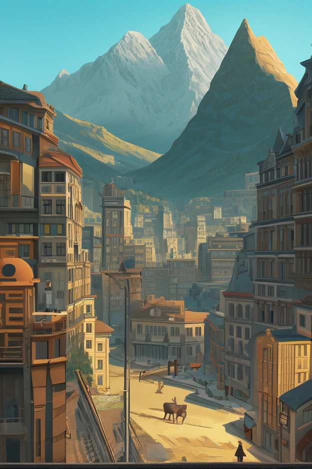 There is a digital city picture，Stylized digital illustration, city building,  Surreal cityscape background, Business Illustration, Matte digital illustration, Digital illustration style, Incorporating environmental themes，Illustrations, Digital Illustrations -, City background, A mountain and a golden sculpture of a deer，digital graffiti landscape, A beautiful artistic illustration, Detailed digital illustrations, environment design illustration （（best quality））， （（Intricate details））（8k）
