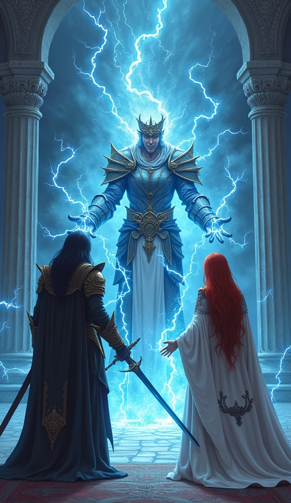 In the grand throne room of the Storm Kingdom, Xander, the Thunder King is finally brought to his knees. The once-mighty ruler, draped in royal armor crackling with residual lightning, struggles in vain against the glowing magical bindings that hold him in place. His eyes, once filled with arrogance and power, now flicker with a mix of rage and helplessness.

Seraphina stands before him, her presence calm and resolute. Her long red hair, now slightly tousled from the battle, cascades down her back as she focuses intently on the binding spell. Her hands are outstretched, fingers delicately weaving through the air as luminous threads of energy extend from them, wrapping tightly around Xander. The mystical patterns on her robe glow in sync with the magic, amplifying her power.

The throne room, once filled with the booming presence of the Thunder King, now feels eerily still, the crackling of magic the only sound. Voltex stands nearby, his long black hair falling over his shoulders as he watches intently, his dark sword lowered but ready. The storm outside the castle begins to quiet, the power of Xander fading as Seraphina’s magic takes hold.

The scene captures the final moment of the battle, where Xander, the Thunder King, once feared by all, is subdued by Seraphina’s powerful magic, his fate now sealed by the combined strength and resolve of the two heroes.

