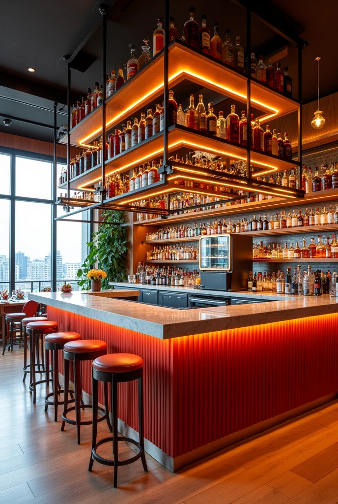 Restaurant design, island bar with food displays and liquor displays in the middle of it, bright theme