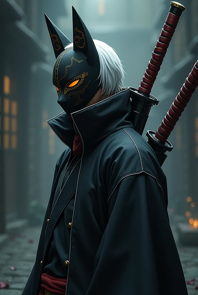 male anbu black fox mask with gold lining at the eye in sideview, wearing akatsuki robe, white short hair, with great sword at back, anime