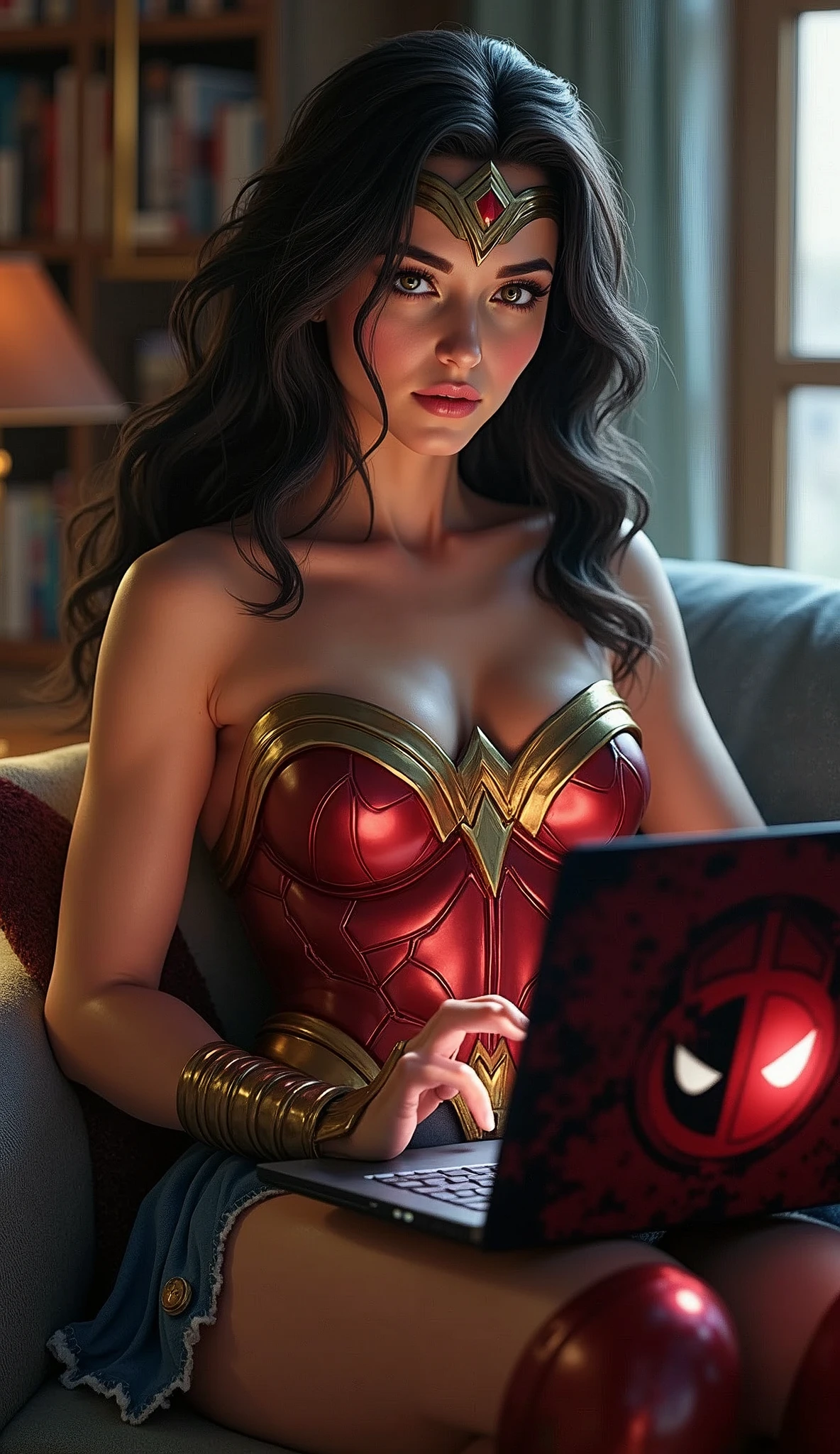 Wonder woman sitting on Deadpool laptop and enjoying