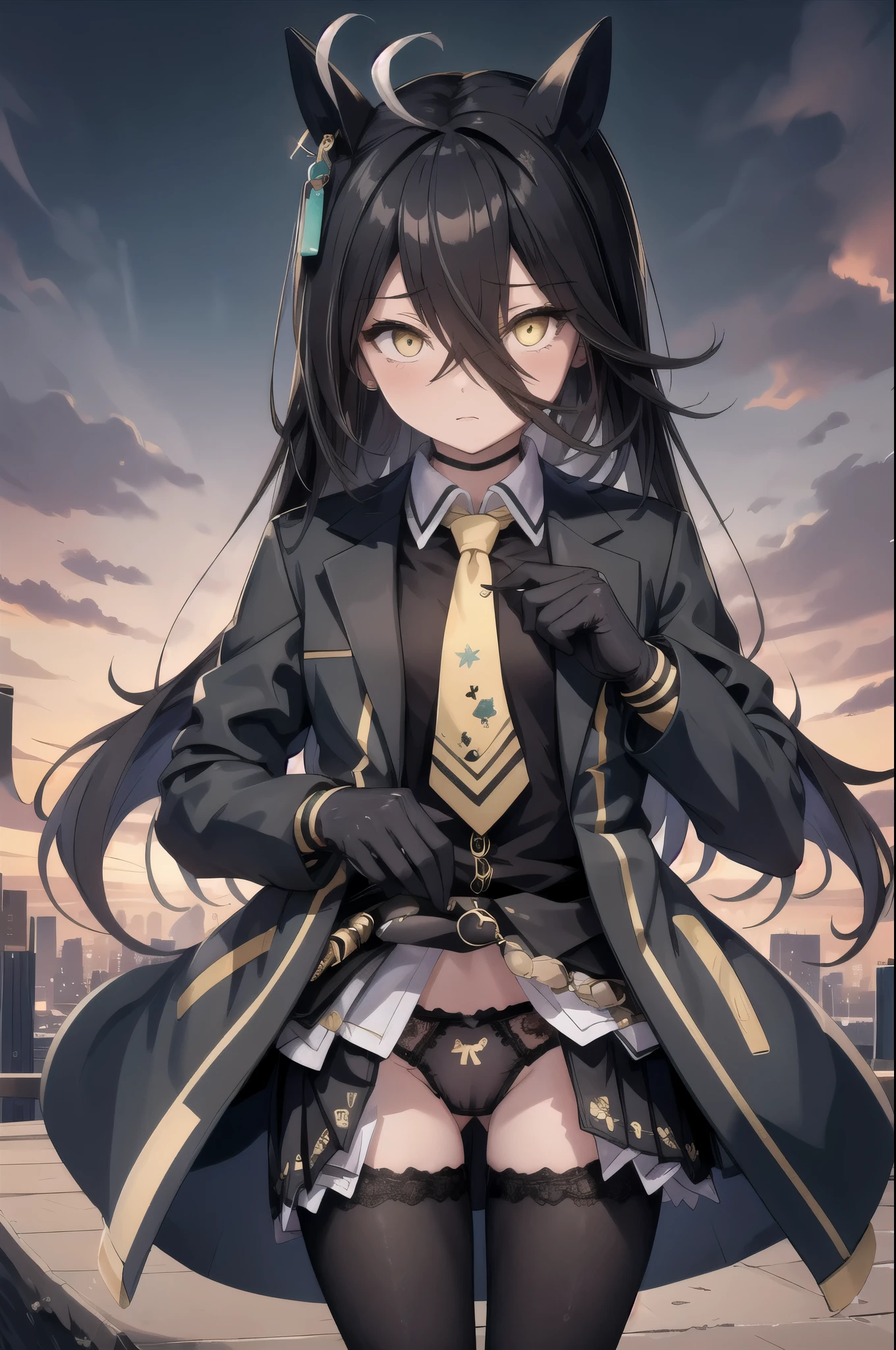 (masterpiece, Highest quality:1.2), alone, One person, Manhattan Cafe, Expressionless, View your viewers, Ahoge, Black jacket, shirt, tie, Black gloves, skirt, pantyhose, Single earring, tail ,((panties))