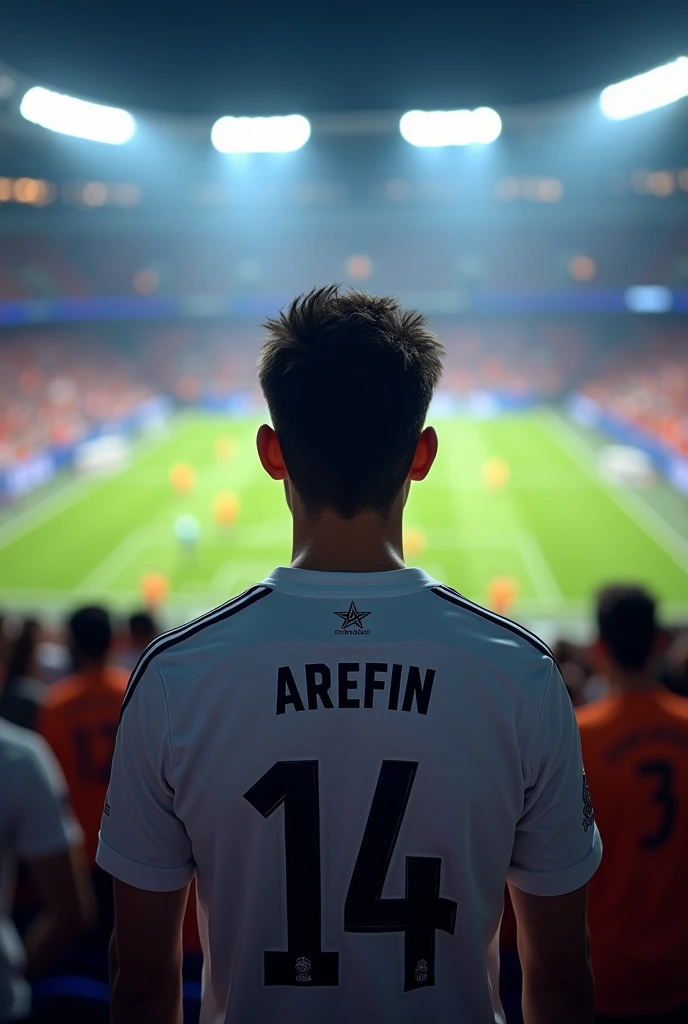 A 22 years boy watching Real madrid match,which jersy number is 14 and his name is Arefin