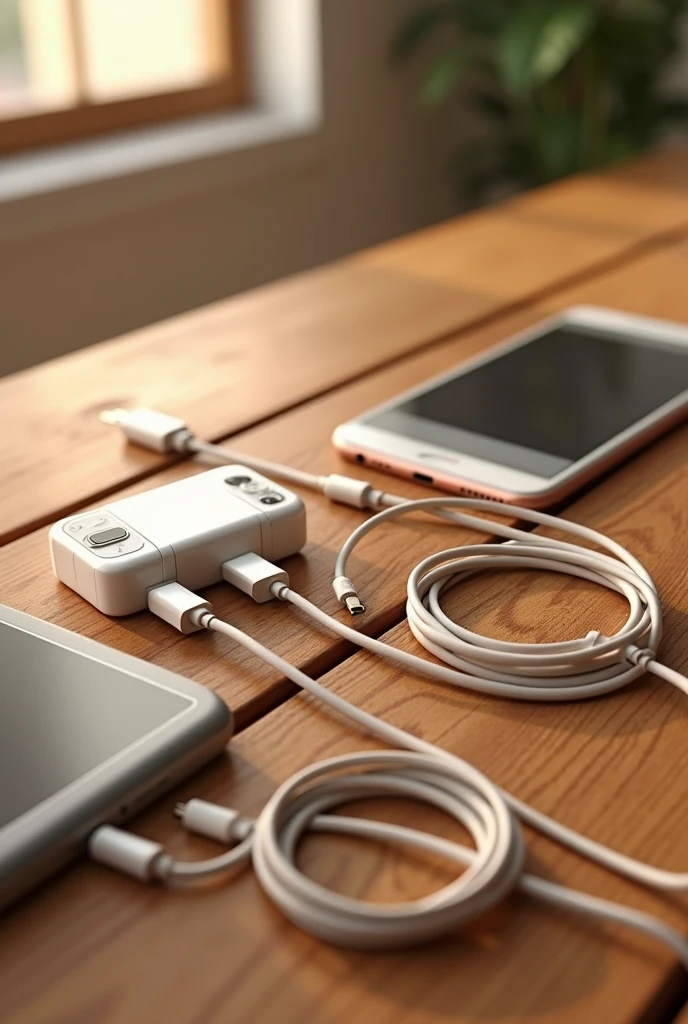 5 iPhone chargers on a brown table
