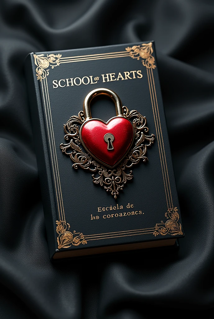 Cover for a book with The tittle "Escuela de los corazones" An elegant black book with chains and a lock heart in the middle, with beautiful white and golden touches, tittle on top 