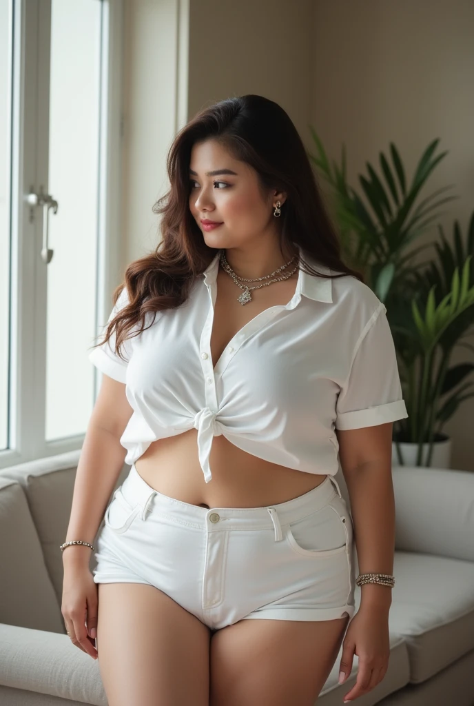 A lady in a white shirt and white shorts is taking a photo..., beautiful Gentle female, Gee, gee, Wide hips, Gentle thighs, Attractive plus-size models, Rubens style, Gentle legs, thigh, Plus-size women's clothing, 가장 Wide hips, Gentle body, Gentle, Attractive hourglass figure, Attractive model, Arab Japanese Goddess , Beautiful and charming woman, Slightly fatter arms , Comes with 5 bracelets, Wear 3 diamond necklaces, Huge breasts, Fat sagging breasts, 미친듯 Huge breasts, Black and wild, Negro and, Black man rapes fat woman, Negro and粗暴的性行为