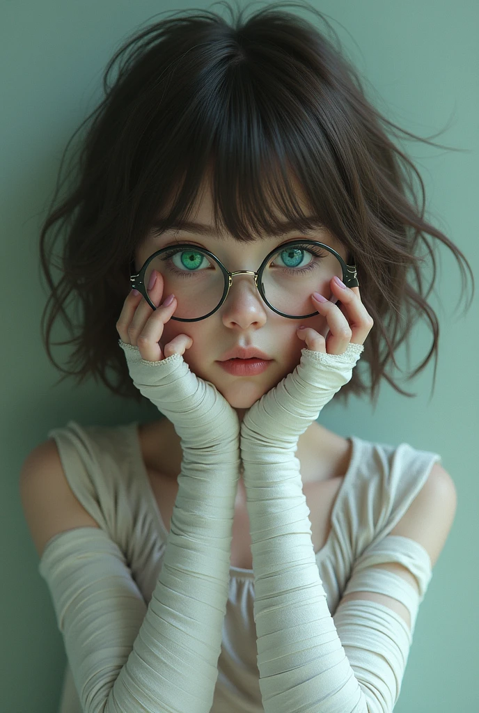 (forgery-v3.0)Girl with short brown hair with bangs, one blue eye and the other green, full body with white bandages on her arms and thin round glasses