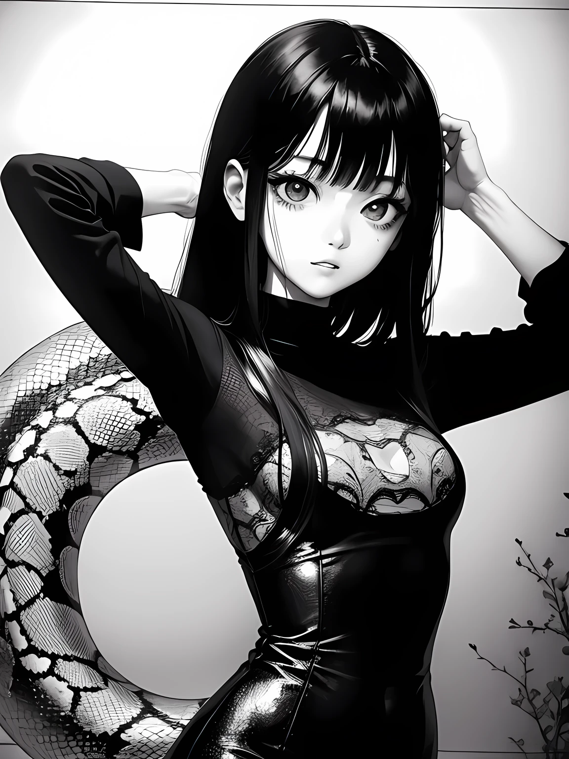 ((Junji Ito art)), Tomie, Tomie Kawakami is unparalleled beauty, ((Beautiful gir:1.3)), Sheer dress, (((Expressionless:1.3))), Mole on left eye, (Small pupils:1.3, Big and Snake-like eyes:1.2), (Grin, Mouth with upturned corners1.5, Closed Mouth:1.3), Slightly gloomy face, (monochrome), (screentones:1.3), ((Horror Manga)), (((darkness)))