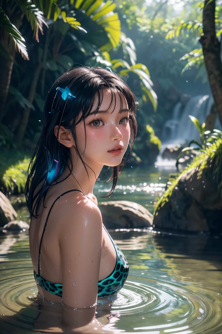 maozonia indigenous girl, 18 years old, bathing in a river, in the middle of the forest, a jaguar watching from afar, sad, Clockpunk, Gamercore, street level view, Blender rendering, 100mm, Sculpture, iridescent colors, Medicalcore, strobe lighting, ultra realistic, photorealistic, octane render, unreal engine, hyper detailed, volumetric lighting, hdr, octane render, fantasy 4k 8K