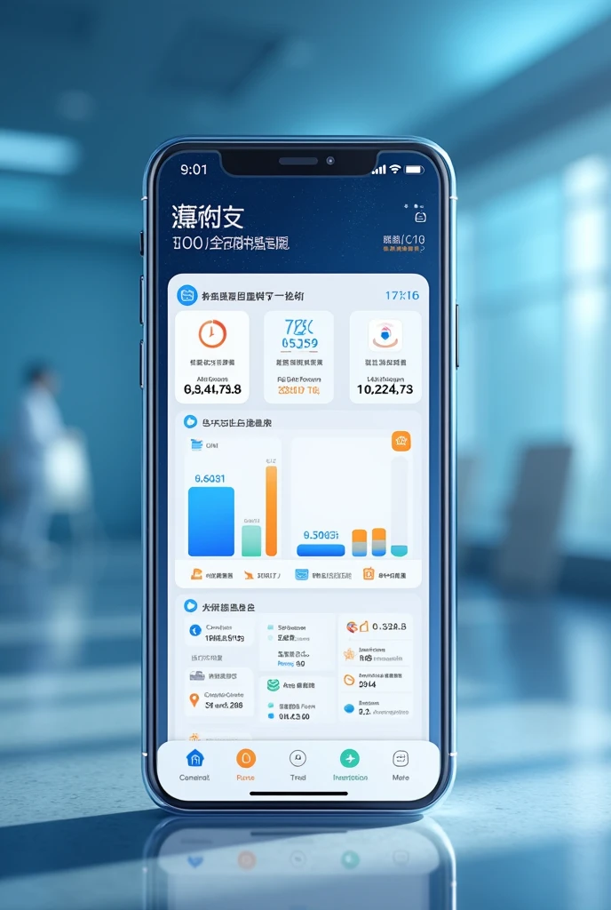 Design a medical APP page，Features：Interrogation_Admission rate_Should be treated_Has been treated；Rounds_Completion Rate_Should be checked_Investigation, etc.，Suitable for Chinese people’s usage habits，advanced，Technology，ISO system，uhd, retina, masterpiece, highres, 16K, high details