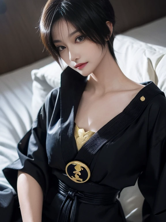 1 girl, (black long sleeve kimono long pants hakama, Geta Sandals, large earrings), ((diaphragm, belly button)), looking at the viewer, smile, evening, Lying on the bed, from above, ((hand on belly)), (cinematic lighting, Best Quality, masterpiece, High details, Best Quality, High resolution, High Definition, 4k, 8k, Super detail), (Sarah Kujou:1.3), mask on the head, For the blue, short hair, yellow eyes