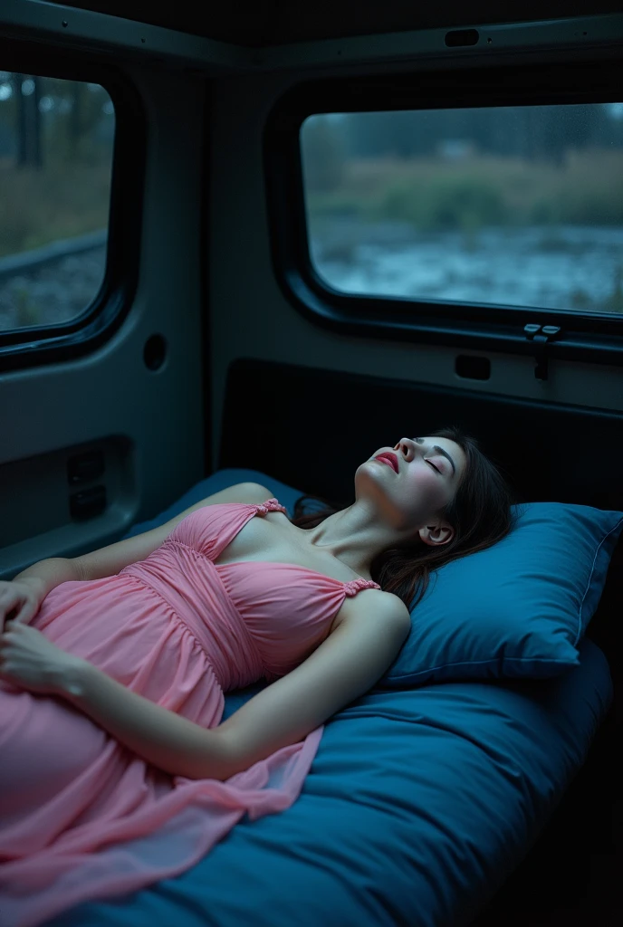 femme arafée en robe rose allongée et dort profondement sur un coussin bleu dans une camionette la nuit, un tableau hyperréaliste inspiré d&#39;Elsa Bleda, tumblr, photoréalisme, photo de film sexy, Emma Watson au lit, cinématographie époustouflante, Belle cinématographie, Emma Roberts langoureuse sauvage, superbe cinématographie maussade, Steven Klein, cinématographie incroyable, extrait d'un clip vidéo, film encore 8 k