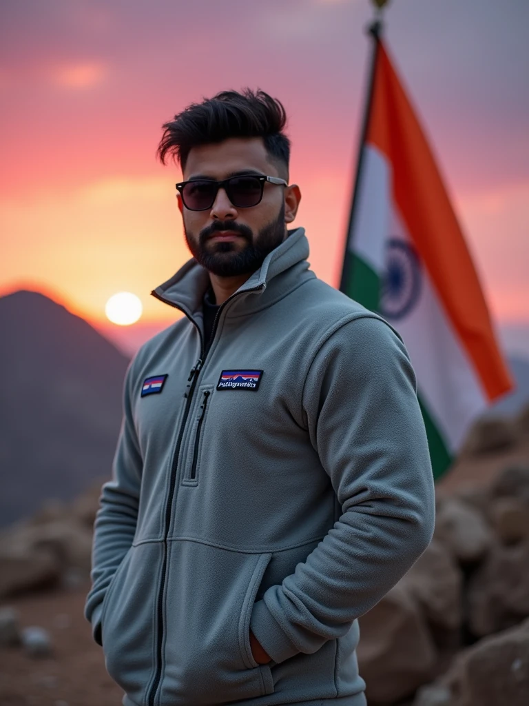 There is an Indian Indian Army who is the flag of India in front of him and seeing all the Army flags are cellut Portrait of a bearded man with dark hair wearing black sunglasses and a light gray Patagonia fleece indian army jacket. He has a serious expression and is looking directly at the camera. The background shows a blurred outdoor scene with rocky terrain and a vibrant pink and purple sunset sky. The lighting gives the image a warm, golden-hour glow. The overall mood is rugged yet stylish, with a touch of adventure.