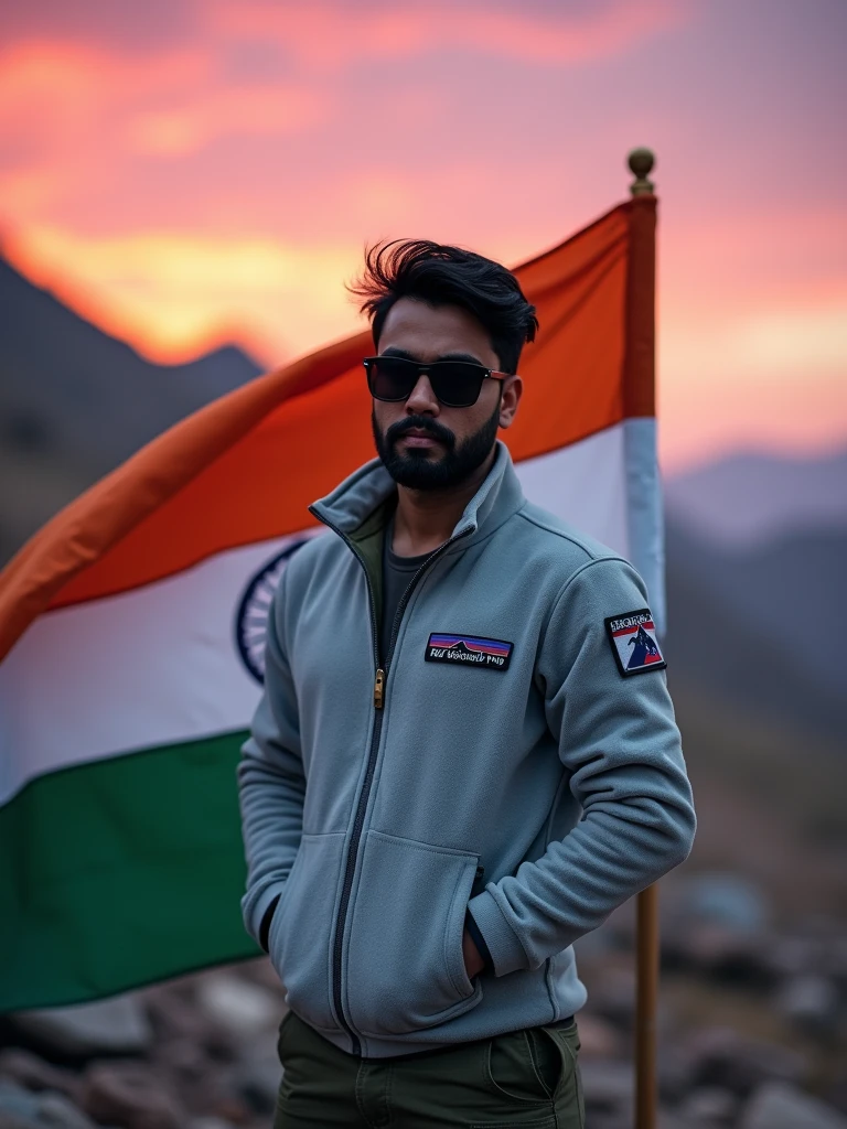 There is an Indian Indian Army who is the flag of India in front of him and seeing all the Army flags are cellut Portrait of a bearded man with dark hair wearing black sunglasses and a light gray Patagonia fleece  indian army jacket. He has a serious expression and is looking directly at the camera. The background shows a blurred outdoor scene with rocky terrain and a vibrant pink and purple sunset sky. The lighting gives the image a warm, golden-hour glow. The overall mood is rugged yet stylish, with a touch of adventure.