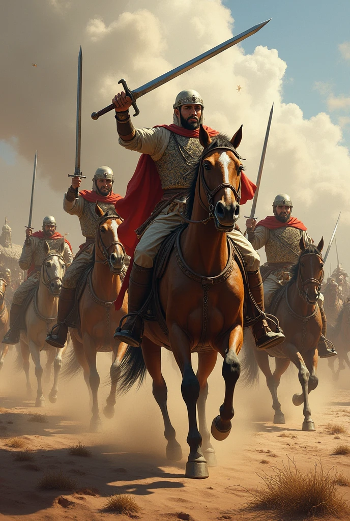 Muslim soldiers, on horses, wapan sword, kill enemies
