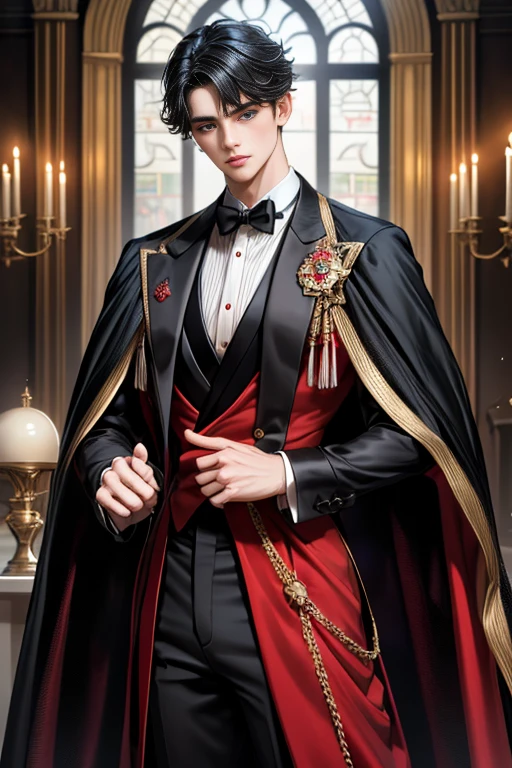 masterpiece, 最high quality, high quality, 1 boy, alone, Male focus, Watching the audience, Messy black hair, Adorable big blue eyes, White, Noble, Noble,A black and red cape that is bursting with sexy volume、Tuxedo、A very voluminous, large, very large, very large, long, long red and black cape with a high stand-up collar, made of a lot of fabric that reaches down to the floor., ,Cute beautiful boys,Cute, cute, kind, handsome guy