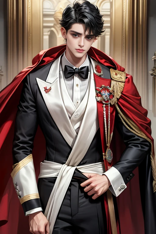 masterpiece, 最high quality, high quality, 1 boy, alone, Male focus, Watching the audience, Messy black hair, Adorable big blue eyes, White, Noble, Noble,A black and red cape that is bursting with sexy volume、Tuxedo、A very voluminous, large, very large, very large, long, long red and black cape with a high stand-up collar, made of a lot of fabric that reaches down to the floor., ,Cute beautiful boys,Cute, cute, kind, handsome guy