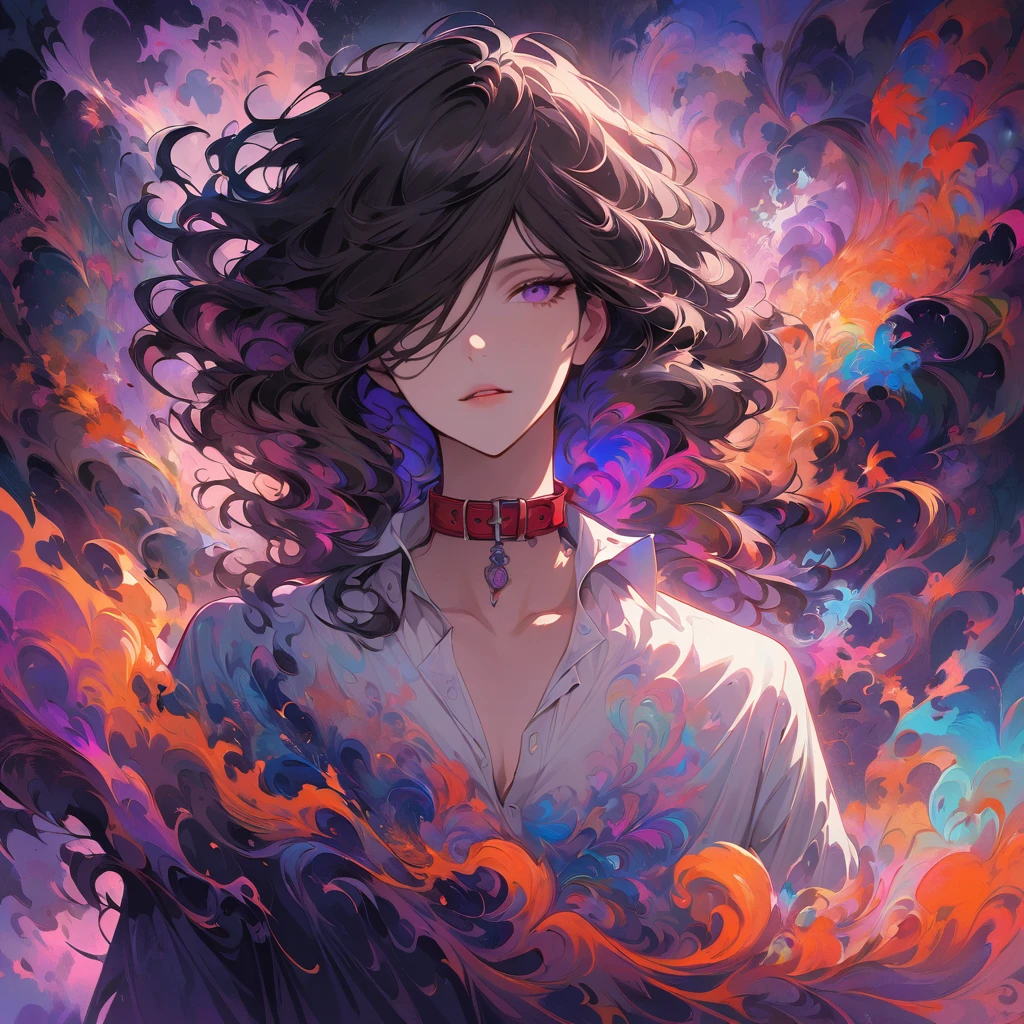 A digital painting of a young man with messy dark hair covering his eyes, wearing a partially unbuttoned white shirt with a red collar. He stands against a vibrant, dreamlike background of swirling blues, purples, and hints of orange, creating a surreal atmosphere that evokes mystery and introspection.