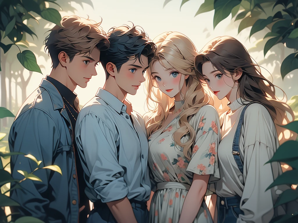 The image shows three individuals standing close together, with an arm around each other in a friendly gesture. They are outdoors, and the background features green trees with sunlight filtering through the leaves. The person on the left has long, dark hair and is wearing a white top. The person in the center is dressed in a denim jacket and a white top. The individual on the right has long, blonde hair and is wearing a dark blue floral-patterned outfit. The overall scene suggests a relaxed, happy moment shared among friends in a natural setting.