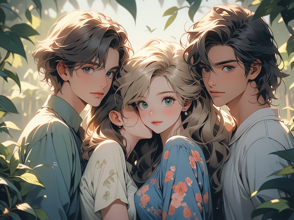 The image shows three individuals standing close together, with an arm around each other in a friendly gesture. They are outdoors, and the background features green trees with sunlight filtering through the leaves. The person on the left has long, dark hair and is wearing a white top. The person in the center is dressed in a denim jacket and a white top. The individual on the right has long, blonde hair and is wearing a dark blue floral-patterned outfit. The overall scene suggests a relaxed, happy moment shared among friends in a natural setting.