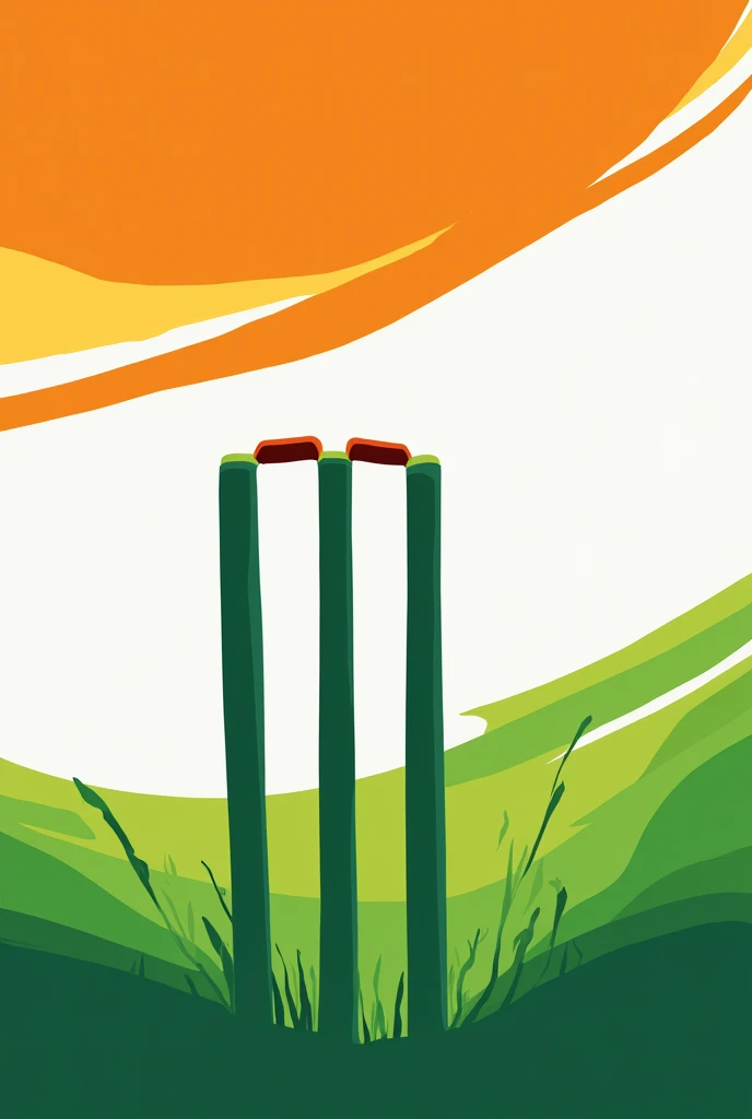 Indian Independence day poster with saffron, white & green colors on each of the 3 thin wickets used in cricket game with indian flag in the background