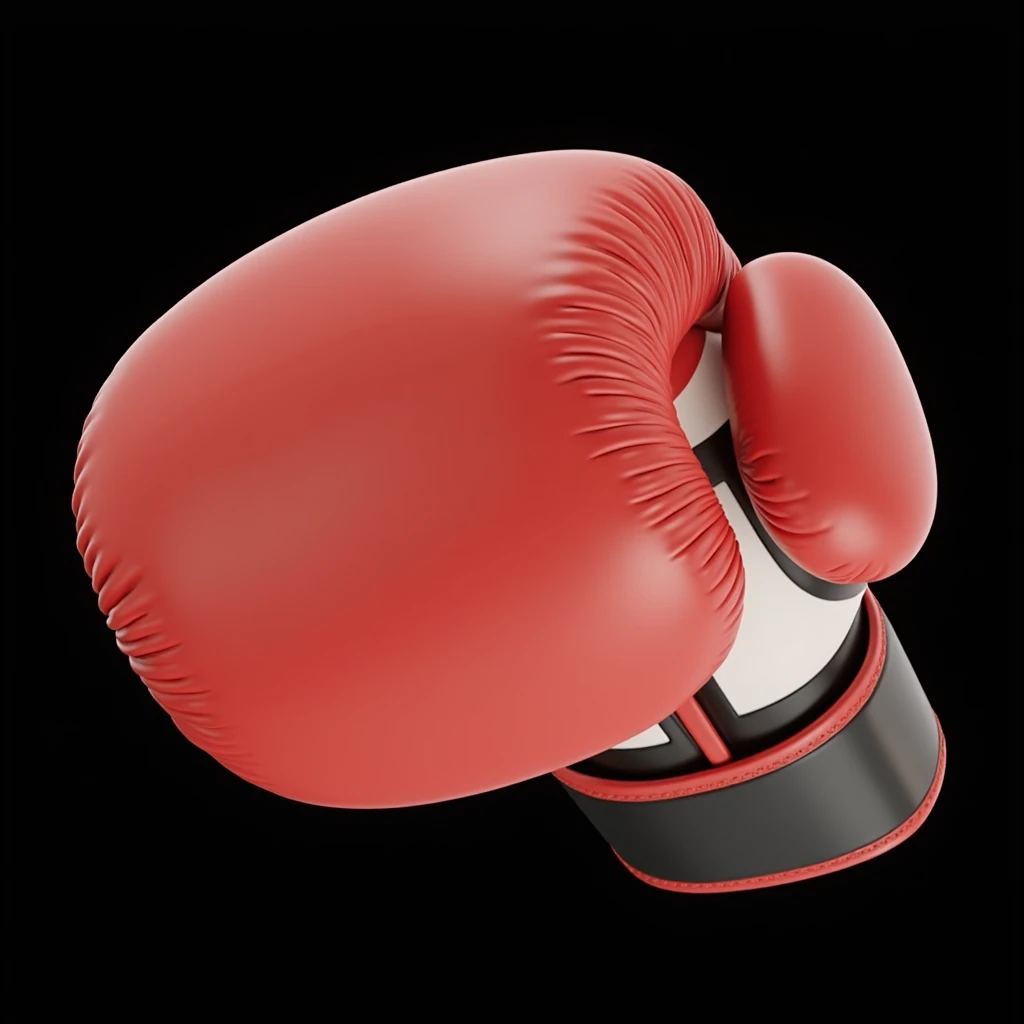 (masterpiece, top quality, best quality, official art,beautiful and aesthetic:1.2),(4k,8k, best quality,masterpiece:1.2),(((Black background))), solo,Game item, red boxing gloves coming towards you, made of leather. The gloves are seen from the front, with a clear and realistic texture, and a correct and detailed structure. It is a modern, realistic representation with consistent lighting that looks natural and believable.