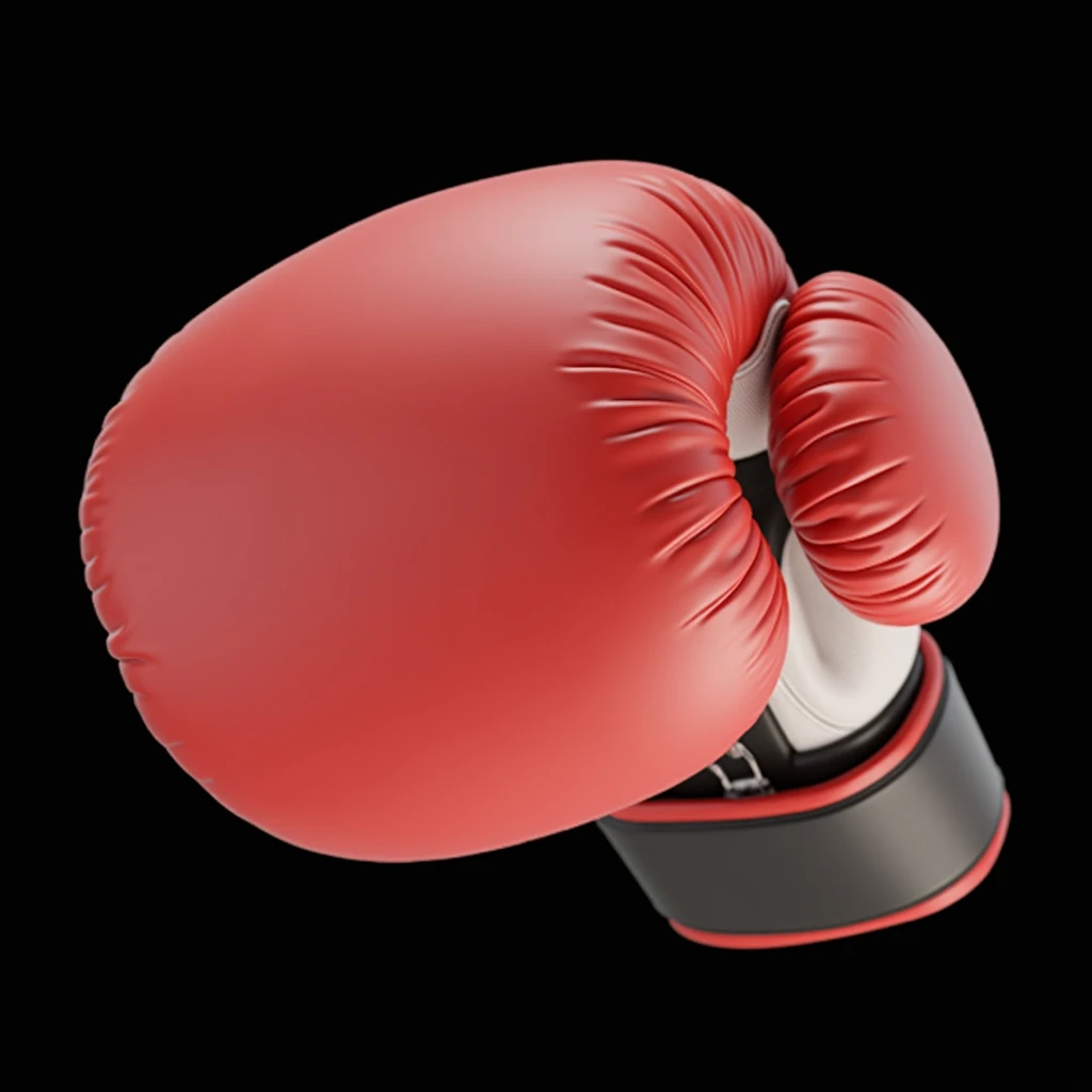 (masterpiece, top quality, best quality, official art,beautiful and aesthetic:1.2),(4k,8k, best quality,masterpiece:1.2),(((Black background))), solo,Game item, red boxing gloves coming towards you, made of leather. The gloves are seen from the front, with a clear and realistic texture, and a correct and detailed structure. It is a modern, realistic representation with consistent lighting that looks natural and believable.