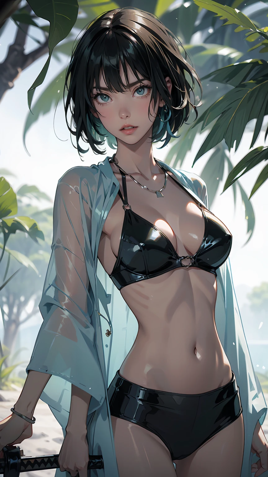 (lifelike, high - resolution:1.3), 1 girl with a perfect body,slender body, Super fine face and eyes,assasin, dark makeup, shiny skin, blue green hair, blue highlights, blunt bangs, (toned stomach),Expose cleavage, (bracelets, tooth jewelry, a lot of necklaces, very long necklaces, necklaces down to stomach, body chains, waist chains, slender body, skinny), (post apocalyptic future, jungle wasteland. torn clothes, torn to shreds kimono, katana), (wet skin, shiny skin), small breasts, (((savagelands, katana)))
