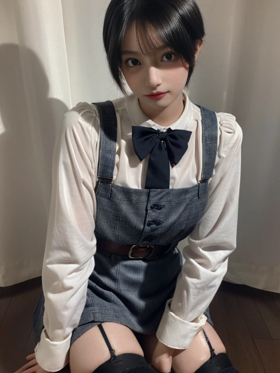 piece flies, Best Quality, illustration, Super detailed, fine details, High resolution, 8k,Wallpaper, Perfect dynamic composition,(high quality details, realistic representation of eyes:1.3), learn, poli, cutter shirt, a belt, suspenders, a miniskirt, garter belts, knee high stockings, Short Bob Hair、black hair color, Big natural colored lips, sexy and daring pose, crying a little、Cold look, harajuku style、20 year old girl、handsome guy、ta、nice legs, hotel room, idol engraving, voluptuous thighs