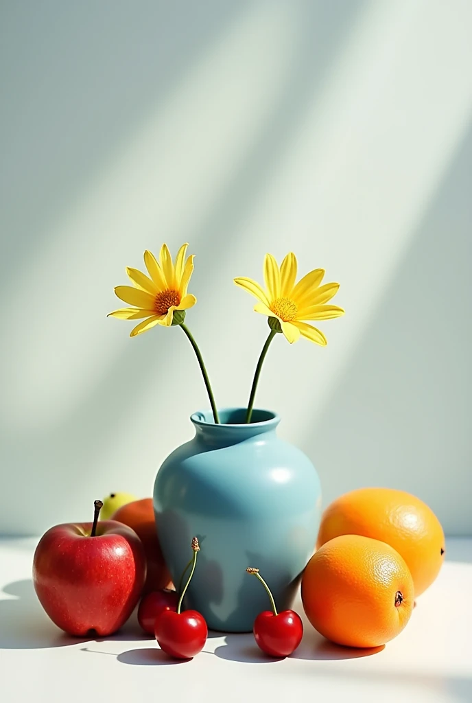 Simple blue vase with shadows with 2 simple yellow flowers, 1 red apple, 2 cherries, 1 mango and 1 orange that looks like the photo
