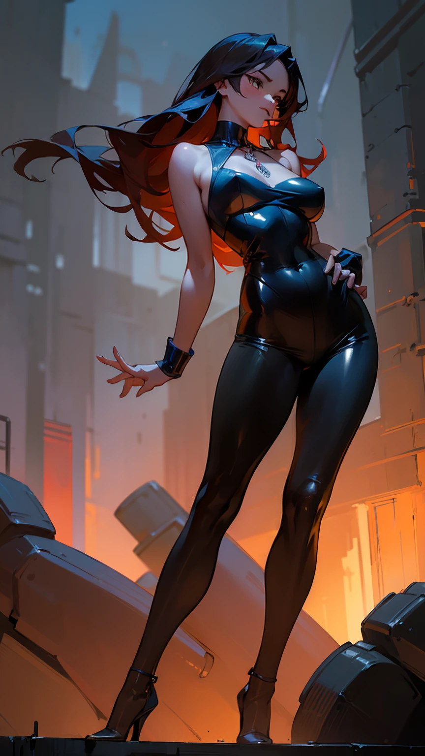 "Mystical femme fatale ((intense and alluring)), sensuous yet fierce, (masterpiece, ultra-realistic), fiery eyes burning with passion, (1 woman, solo, shapely figure, toned but not overly muscular, sultry attitude), long, flowing dark hair cascading over her shoulders, (tight leather outfit, deep V-neck, high heels), standing in a darkened alley, bathed in the glow of a neon sign, (perspective from below, as if admired from a distance), powerful and commanding, (legs crossed, one hand resting on her hip, the other playing with a mysterious pendant), exuding confidence and danger, (urban nighttime setting, wet pavement reflecting city lights, faint smoke swirling), Background: Gritty and urban, an atmosphere filled with tension, subtle fog, and hints of rain, shadowy figures in the distance, mysterious yet seductive, bold, mysterious, intense look."