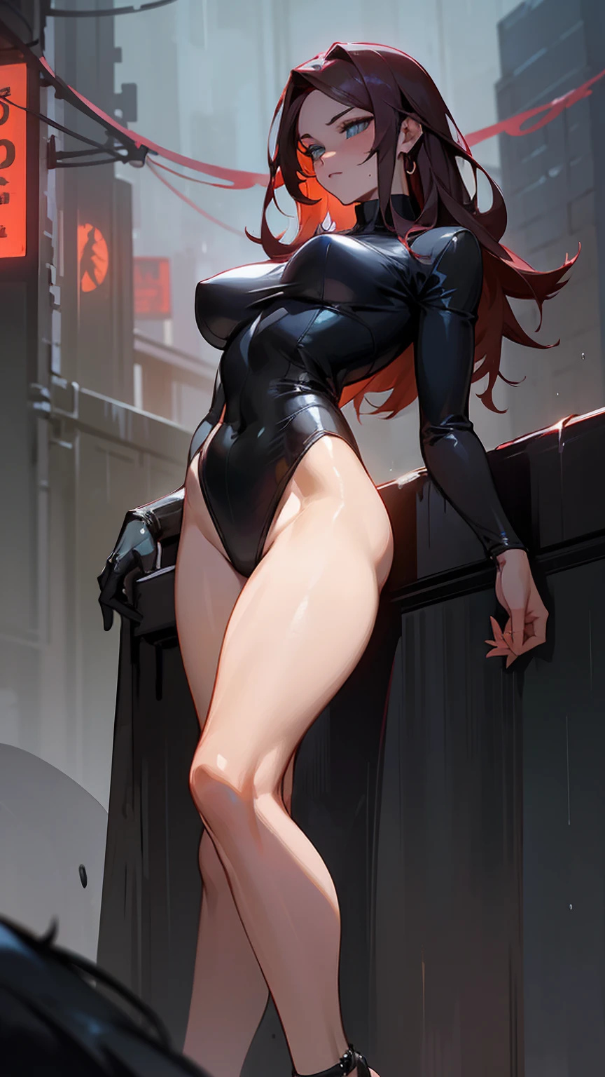 "Mystical femme fatale ((intense and alluring)), sensuous yet fierce, (masterpiece, ultra-realistic), fiery eyes burning with passion, (1 woman, solo, shapely figure, toned but not overly muscular, sultry attitude), long, flowing dark hair cascading over her shoulders, (tight leather outfit, deep V-neck, high heels), standing in a darkened alley, bathed in the glow of a neon sign, (perspective from below, as if admired from a distance), powerful and commanding, (legs crossed, one hand resting on her hip, the other playing with a mysterious pendant), exuding confidence and danger, (urban nighttime setting, wet pavement reflecting city lights, faint smoke swirling), Background: Gritty and urban, an atmosphere filled with tension, subtle fog, and hints of rain, shadowy figures in the distance, mysterious yet seductive, bold, mysterious, intense look."