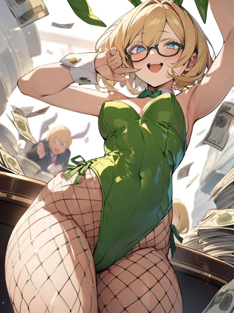 masterpiece, absurdres, best quality, extremely detailed eyes and face, natural skin texture, detailed skin, (perfect fingers, perfect hands),
BREAK
Win big at the casino、Laughing in high spirits、Bunny girl scattering stacks of bills{lime green playboy bunny, fishnet tights, Blonde、Short hair、Blue Eyes、Glasses}、Banknotes are flying in the air