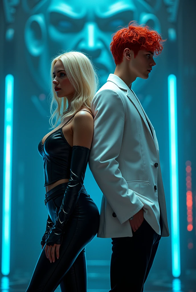 Creer une image de femme très belle vampire en tenue pantalon cuir avec des rondeurs de ninja gothique au cheveux blonds et un jeune homme très beau et costaud de cheveux boucler couleur roux en tenue de scientifiques blanc ils ce met dos-à-dos et un gros visage projetée de robot cybernetique mâle tout en bleue dessus d'eux la salle est pleine de code informatique qui volent tout en bleu