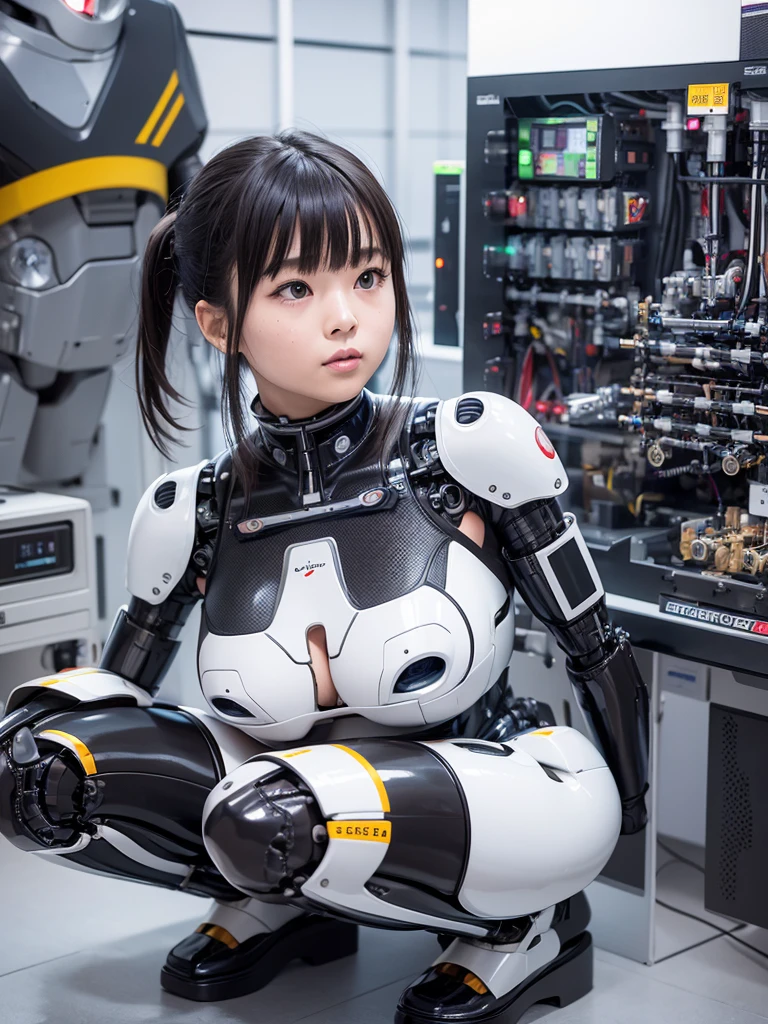 masterpiece, Highest quality, Very detailed, Japaese アンDroid girl,Portraiture,Plump,Thick,Control panel,アンDroid,Droid,Mechanical Hand, robotの腕と脚, Black Hair,Blunt bangs,perfect robot girl,Long tube,A thick cable was attached to her neck.,アンDroid,robot,humanoid,cyborg,japanese cyborg girl ,robot-assembly plant,She is now assembling,Assembly scene,Chubby,Squat