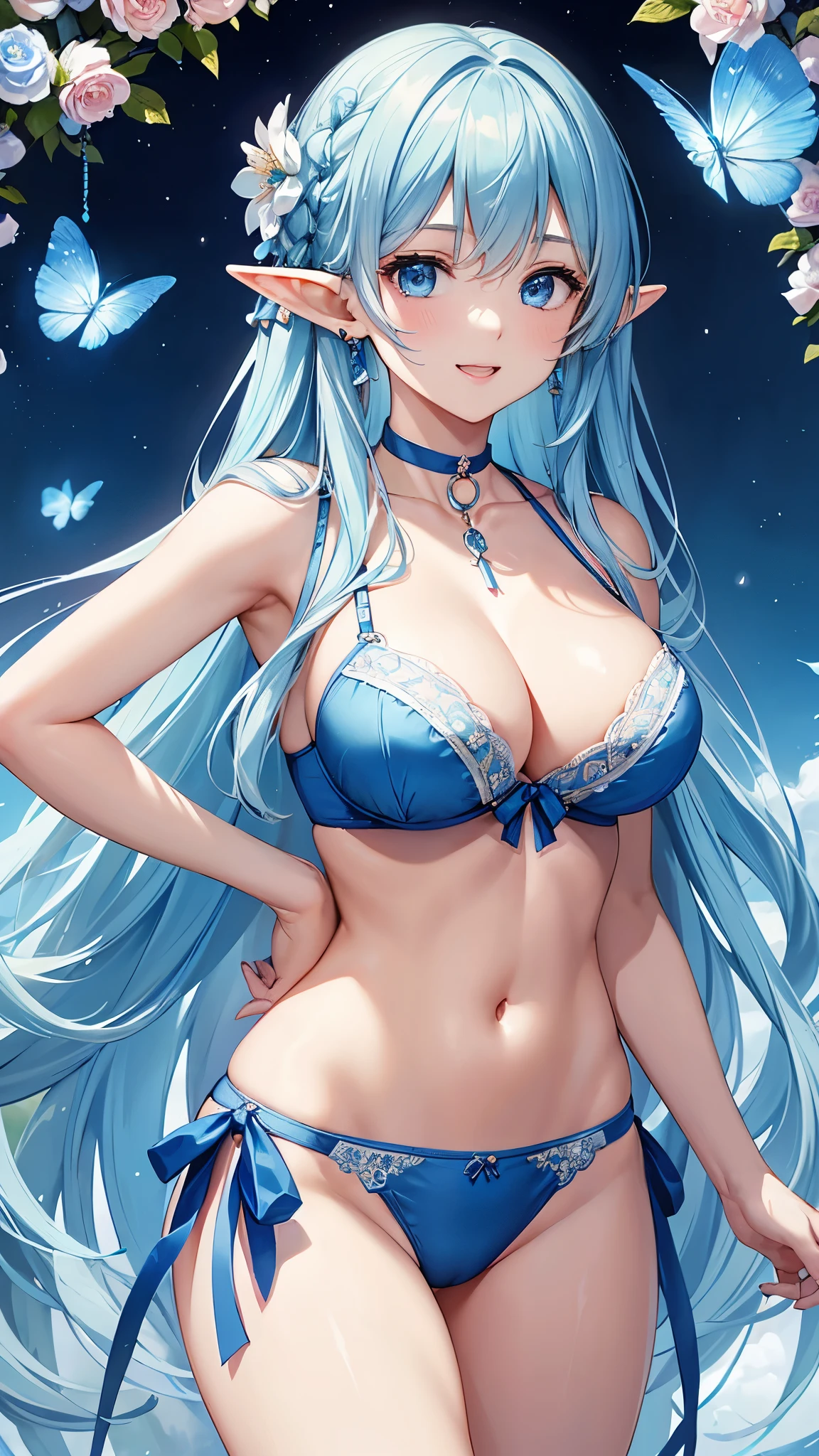 Highest quality、Highest quality、masterpiece、(8k resolution),beauty(Age 25)、(Mature Appearance)、Light blue long hair(Braiding of the sides)、blue eyes、(Light blue underwear with detailed embroidery、bra)、(Elf)、Big cleavage、((Super big on the verge of bursting))、smile、blue necklace、Blue Earrings、background(flower)、Please open your mouth wide、Tie your hair up、Dynamic pose、Blue choker、