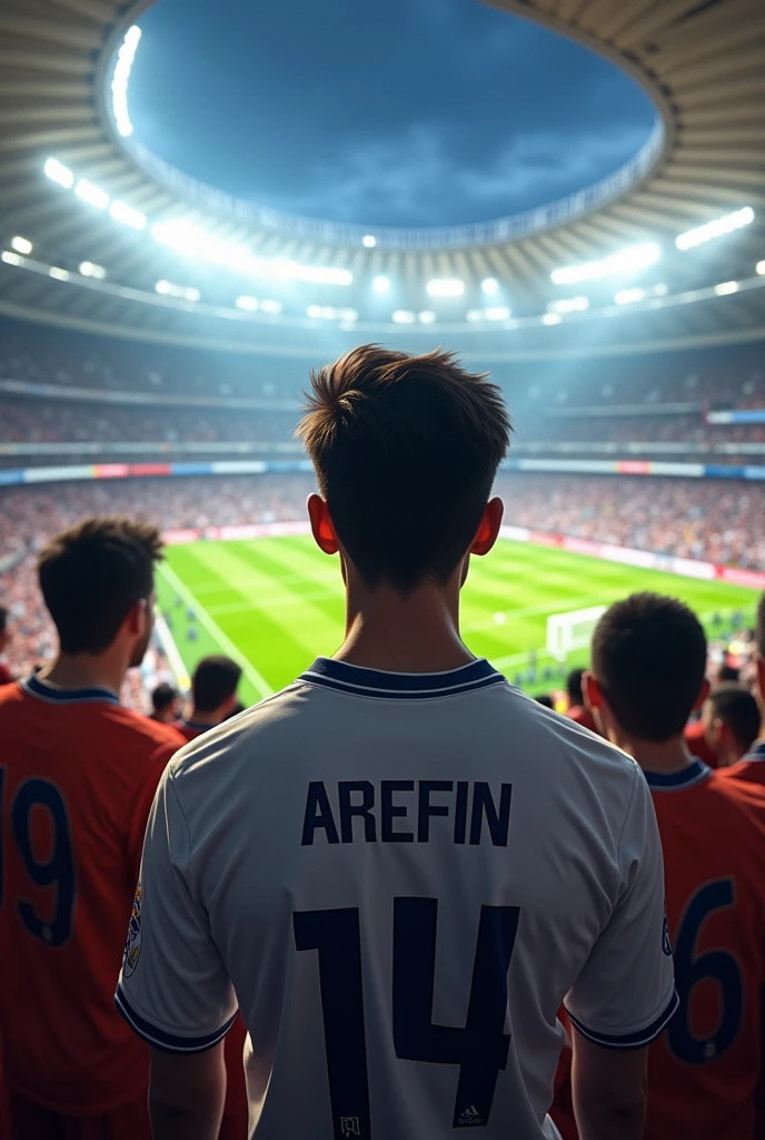 A 22 years boy watching Real madrid match,which jersy number is 14 and his name is Arefin
