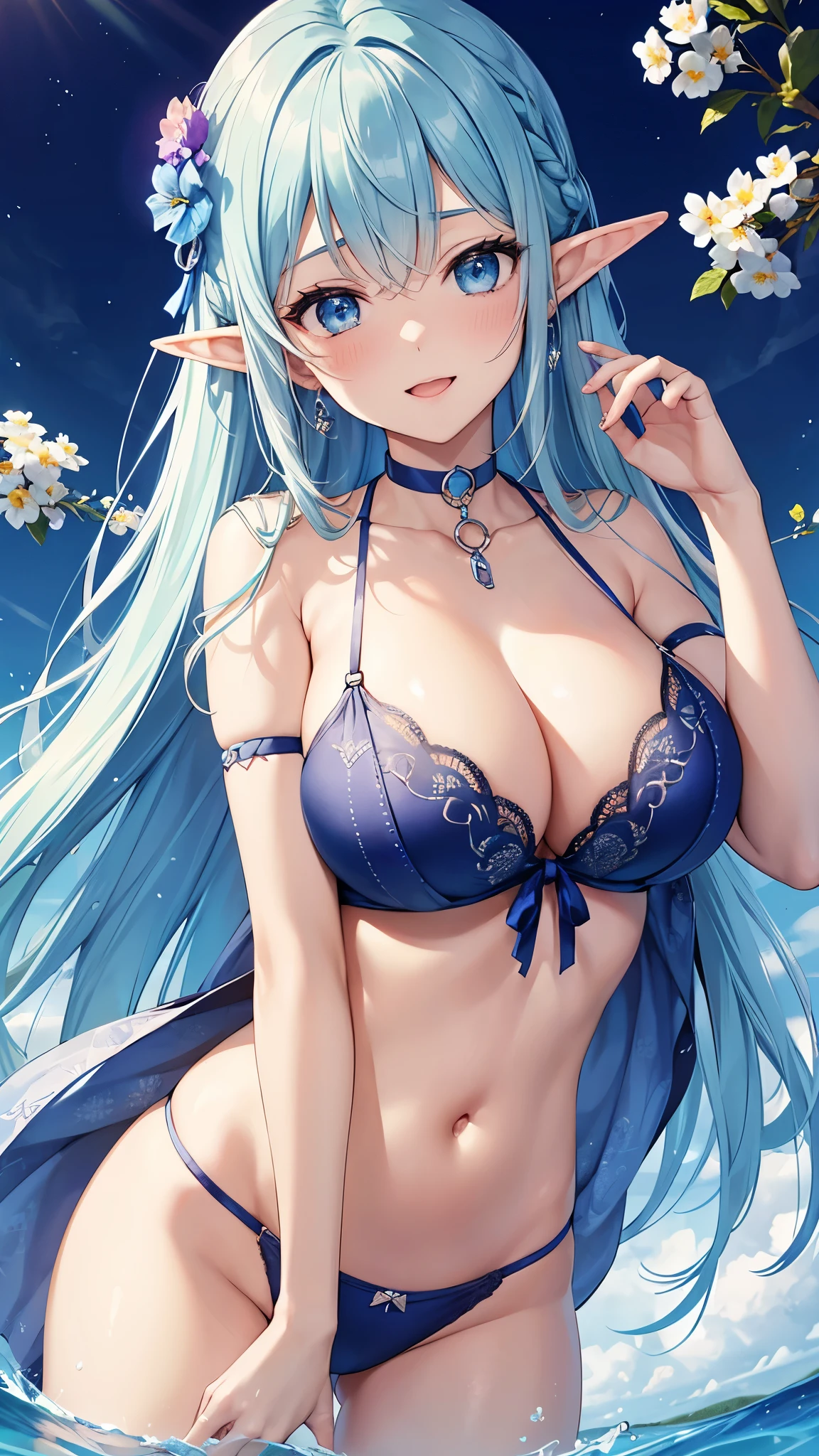 Highest quality、Highest quality、masterpiece、(8k resolution),beauty(Age 25)、(Mature Appearance)、Light blue long hair(Braiding of the sides)、blue eyes、(Light blue underwear with detailed embroidery、bra)、(Elf)、Big cleavage、((Super big on the verge of bursting))、smile、blue necklace、Blue Earrings、background(flower)、Please open your mouth wide、Tie your hair up、Dynamic pose、Blue choker、