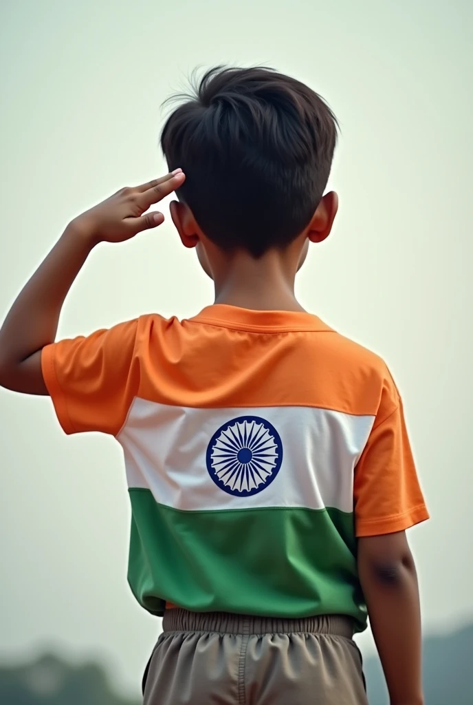 A boy is saluting, That boy has the Indian flag on the back of his T-shirt.