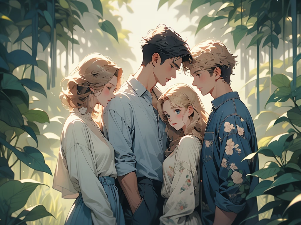 The image shows three individuals standing close together, with an arm around each other in a friendly gesture. They are outdoors, and the background features green trees with sunlight filtering through the leaves. The person on the left has long, dark hair and is wearing a white top. The person in the center is dressed in a denim jacket and a white top. The individual on the right has long, blonde hair and is wearing a dark blue floral-patterned outfit. The overall scene suggests a relaxed, happy moment shared among friends in a natural setting.