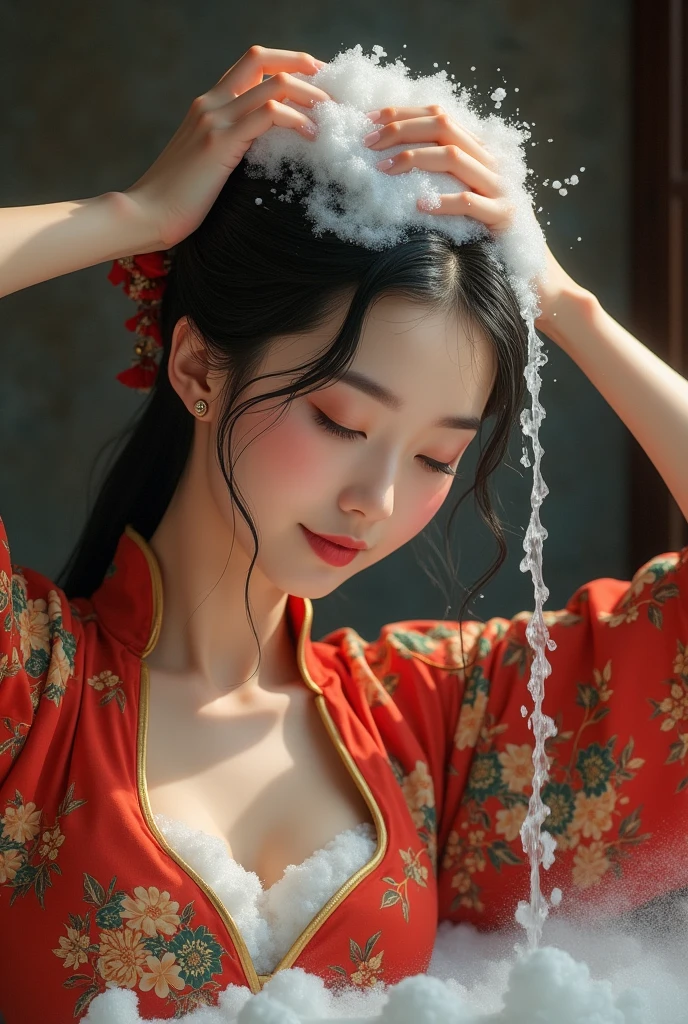 Create an Asian beauty,Red printed traditional cheongsam,Now on the ground,Scratching the scalp with both hands,Two hands washing hair on top of head,There is a lot of foam on the head,Foam wrap head,Realistic foam,The expression is happy,Real People,The characters are realistic and realistic,Ancient style room background,9:16 frames,Ultra HD painting