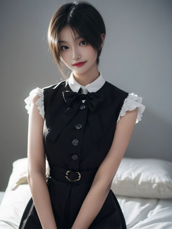 Short skirt of pure beauty,Face highlight,smile,look at me,Half body photo,The background is the light from the Tyndall bed.,Rendering filters,super fine,High Definition,High Definition,High Definition画质,detail,18k超High Definition分辨率,top effect,masterpiece,full body shot,black stockings