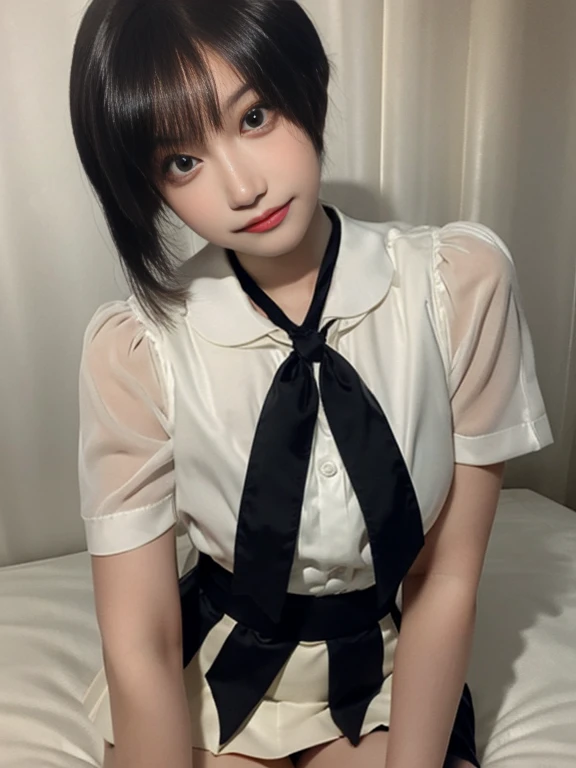 Short skirt of pure beauty,Face highlight,smile,look at me,Half body photo,The background is the light from the Tyndall bed.,Rendering filters,super fine,High Definition,High Definition,High Definition画质,detail,18k超High Definition分辨率,top effect,masterpiece,full body shot,black stockings