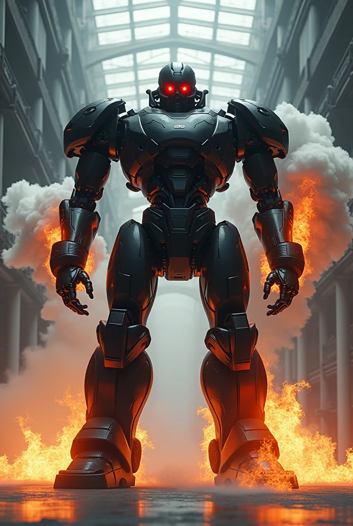 Absurd resolution, high resolution, (masterpiece: 1.4), hyper-detail, a mech, black armor, large warehouse, open eyes, red glasses, facing the lens, fire, body power stove heat, robotic arm with flames and white smoke on its hands