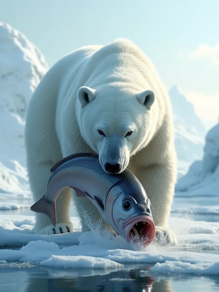 Polar bear eating fish,8k,Resolution 16:9