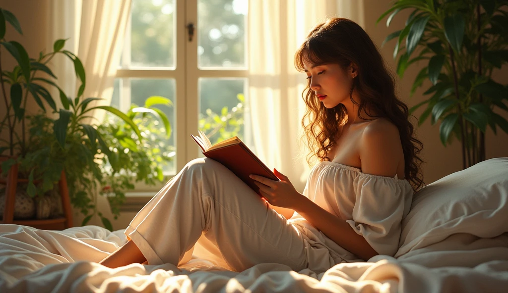 (photorealism:1.2), beautiful woman, sitting on bed and reading book, wearing loose off-shoulder top, pajama pants, long curly hair, indoors, soft lighting, plants in background, window with sunlight, cozy room, relaxed pose, realistic, intricate details, warm colors, by Greg Rutkowski, by Alphonse Mucha, zoom out to see the women just 1/4 of image and see more window