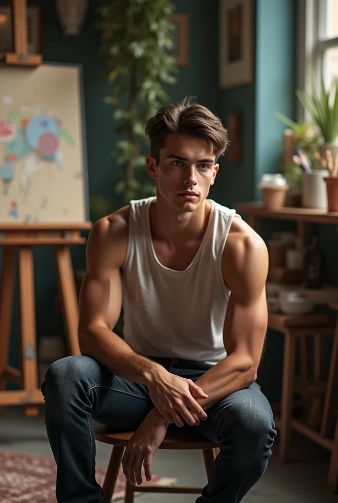 A young man, lean muscular physique, sitting in a studio room, looking in the camera 